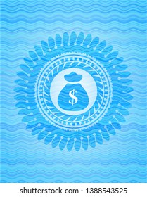 money bag icon inside sky blue water emblem.