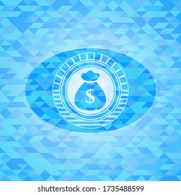 money bag icon inside sky blue emblem with mosaic ecological style background. 