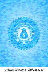 money bag icon inside sky blue emblem with triangle mosaic background. 