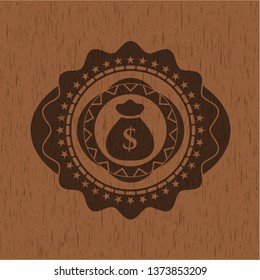 money bag icon inside vintage wooden emblem
