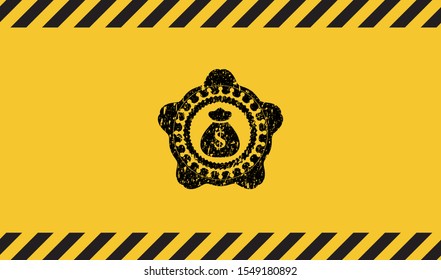 money bag icon inside warning sign, black grunge emblem. Vector Illustration. Detailed.