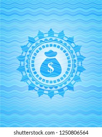 money bag icon inside water concept badge background.