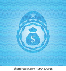 money bag icon inside water wave concept badge background.