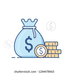 Money bag icon, moneybag  and coins. Vector illustration.