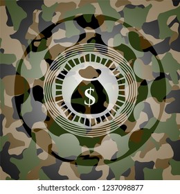 money bag icon on camouflaged texture