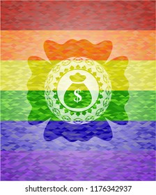 money bag icon on mosaic background with the colors of the LGBT flag