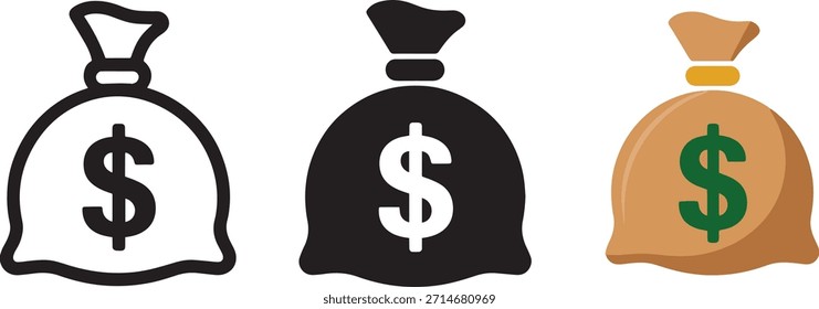 El icono de la bolsa de dinero en el contorno de estilos sólidos y de colores significa conceptos financieros como la banca de inversión, el crecimiento de la riqueza y la ilustración de acumulación