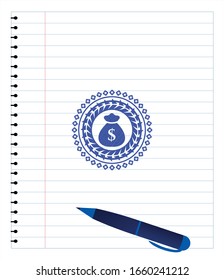 money bag icon pen effect. Blue ink. Vector Illustration. Detailed.