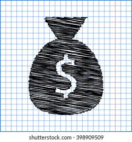 Money bag icon with pen effect on paper