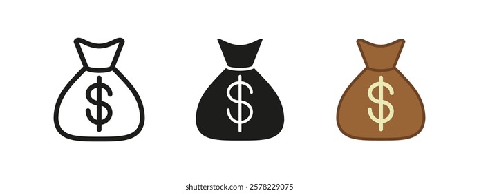 Money bag icon. Money sack vector illustration. Wealth and savings symbol. Capital or fund sign. Bank pictogram. Rich business income concept isolated.