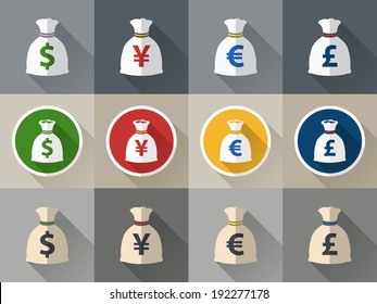 Money bag icon set with currency symbol flat design vector