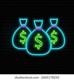 Money bag icon set with dollar. neon style. Money bag icon collection. Vector image.