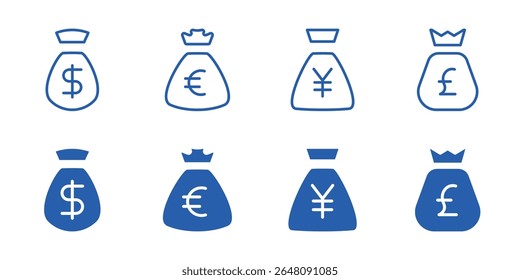 Money Bag Icon Set. Editable Stroke and Solid Style Dollar Sack Symbols for Finance and Wealth