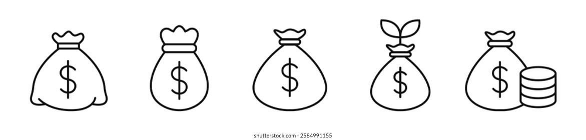 Money bag icon set. Finance, money, budget, saving, earning, income, investment, profit. Vector editable stroke