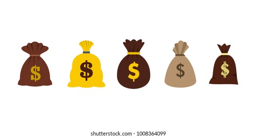 Money bag icon set. Flat set of money bag vector icons for web design isolated on white background