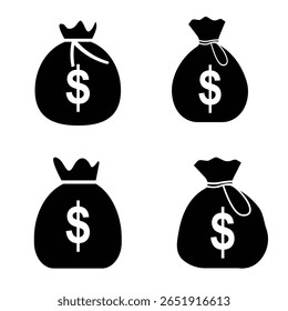 Geldsack-Symbol Set Geldsack-Illustration Clipart, Vektorelemente Silhouette einzeln auf weißem Hintergrund