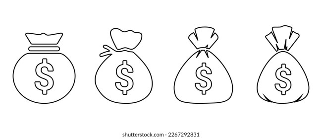 Money Bag Icon set with strokes on White background. Vector. Money Bag Icon Set. Money bag icon set, flat style. bag of money emoji vector illustration.