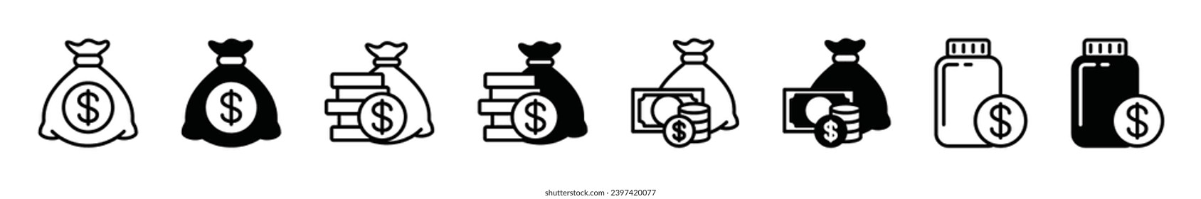 Money bag icon set in thin line and flat style. Money and coin sack icons. Savings icon symbol. Vector illustration