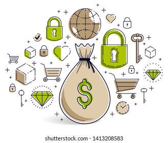 Money bag and icon set vector design, savings or investments concept, online payments, marketplace or shop.