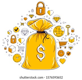 Money bag and icon set vector design, savings or investments concept, online payments, marketplace or shop.