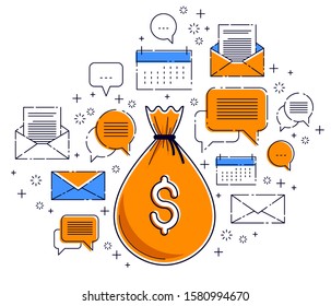 Money bag and icon set vector design, savings or investments concept, online payments, marketplace or shop.