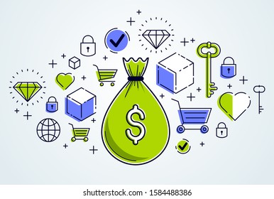 Money bag and icon set vector design, savings or investments concept, online payments, marketplace or shop.