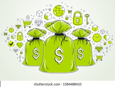 Money bag and icon set vector design, savings or investments concept, online payments, marketplace or shop.