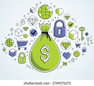 Bolsa de dinero y conjunto de iconos diseño vectorial, concepto de ahorro o inversión, pagos en línea, mercado o tienda.