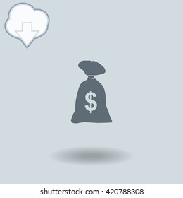 Money bag icon with shadow. Cloud of download with arrow.