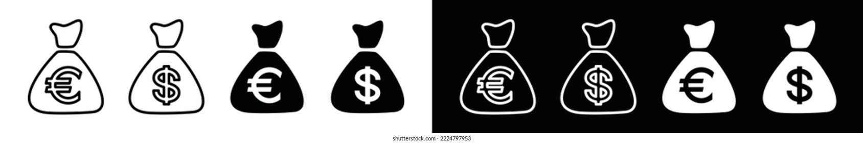 Money Bag Icon Vector. Money And Bug Or Sack Or Pocket With Currency Flat Symbol Collection. Coin Sack Sign For App And Website. Symbol Illustration