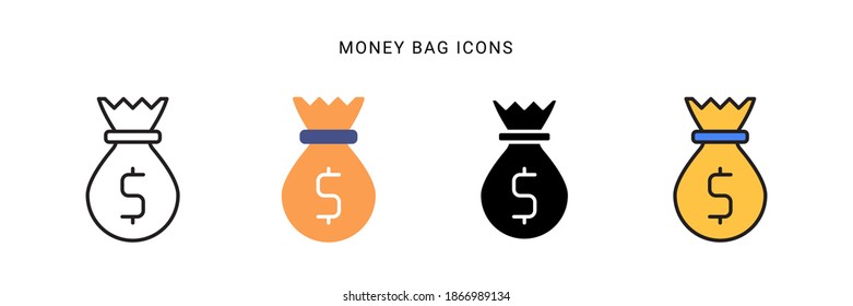 diseño vectorial de icono de bolsa de dinero con cuatro estilos diferentes. aislado en fondo blanco