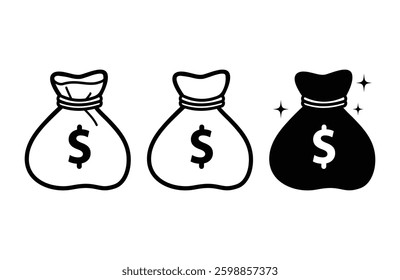 Money bag icon vector. illustration bag with dollar.  Vector silhouette and line style money bag icon. Packs of dollars. Money bag symbol element for web, app, finance and other.