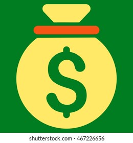 Money Bag icon. Vector style is bicolor flat iconic symbol with rounded angles, orange and yellow colors, green background.