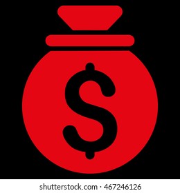 Money Bag icon. Vector style is flat iconic symbol with rounded angles, red color, black background.