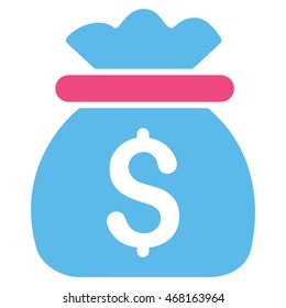Money Bag icon. Vector style is bicolor flat iconic symbol with rounded angles, pink and blue colors, white background.