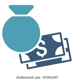 Money Bag icon. Vector style is bicolor flat iconic symbol with rounded angles, cyan and blue colors, white background.