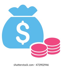 Money Bag icon. Vector style is bicolor flat iconic symbol with rounded angles, pink and blue colors, white background.