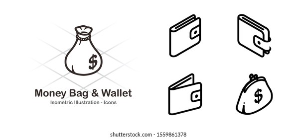 Money bag icon. Wallet icon. Money Sack. Money pouch. Line icon Vector set. Payment symbol. Isometric illustration Design
