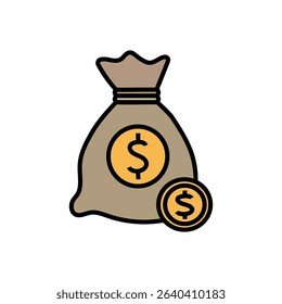 Money bag icon. Wealth sack symbol. Dollar coin vector. Brown yellow design.