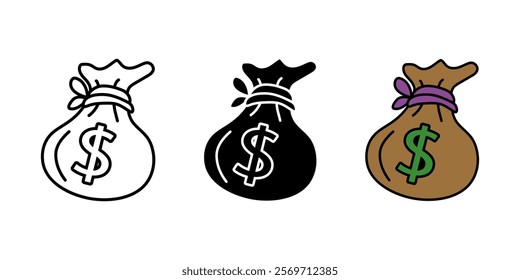 Money bag icon. Wealth symbol. Dollar cash and coins sack vector illustration. Savings and investment profit sign. Banking earnings fund pictogram. Finance currency money bag isolated concept.