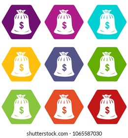 Money bag icons 9 set coloful isolated on white for web