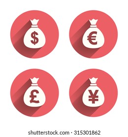 Money bag icons. Dollar, Euro, Pound and Yen symbols. USD, EUR, GBP and JPY currency signs. Pink circles flat buttons with shadow. Vector