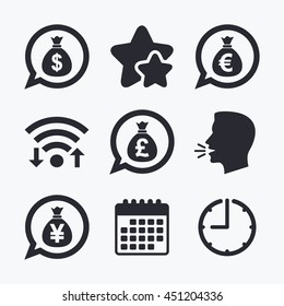 Money bag icons. Dollar, Euro, Pound and Yen speech bubbles symbols. USD, EUR, GBP and JPY currency signs. Wifi internet, favorite stars, calendar and clock. Talking head. Vector
