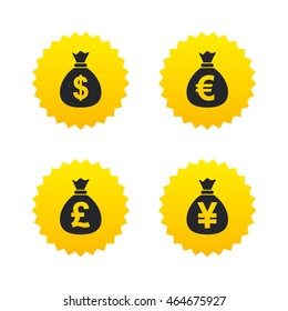 Money bag icons. Dollar, Euro, Pound and Yen symbols. USD, EUR, GBP and JPY currency signs. Yellow stars labels with flat icons. Vector