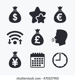 Money bag icons. Dollar, Euro, Pound and Yen symbols. USD, EUR, GBP and JPY currency signs. Wifi internet, favorite stars, calendar and clock. Talking head. Vector
