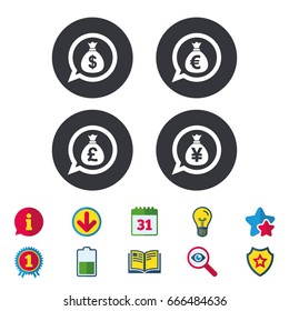 Money bag icons. Dollar, Euro, Pound and Yen speech bubbles symbols. USD, EUR, GBP and JPY currency signs. Calendar, Information and Download signs. Stars, Award and Book icons. Vector