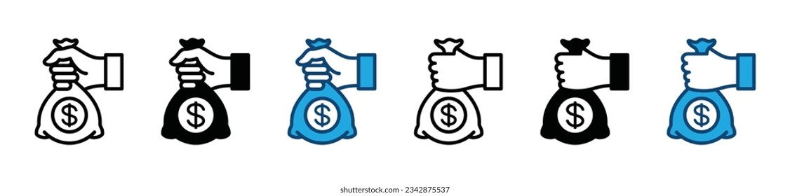 Money bag icons in line and flat style. Hand holding money bag icon symbol on white background. Vector illustration