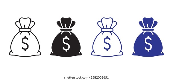 Money bag icons set. Dollar sack colorful symbol isolated background. silhouette icon, vector illustration.