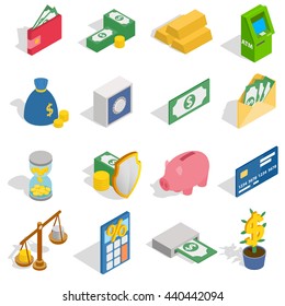 Money bag icons set. Isometric 3d illustration of money bag vector icons isolated on white background