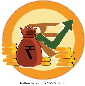 money bag with money illustration. Dollar and coin vector. Indian rupee money bag, Rupee bag and coin showing growth, financial growing chart vector illustration.